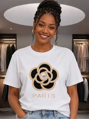 Paris Camellia White Graphic Tee - Women’s Small NWOT